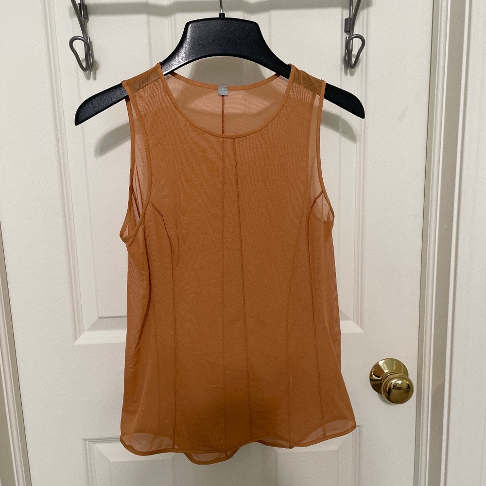 Sheer Mesh Sleeveless Tank Top Terracotta Orange Seam Detail Blouse Womens Small